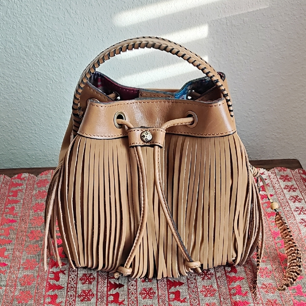 Patricia Nash Tan Fringe Bucket Bag